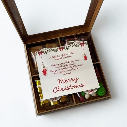 Christmas Gift Box with Chocolate Coated Hazelnuts, Almond Cookies, Date Chocolates, Scented Wax Melts