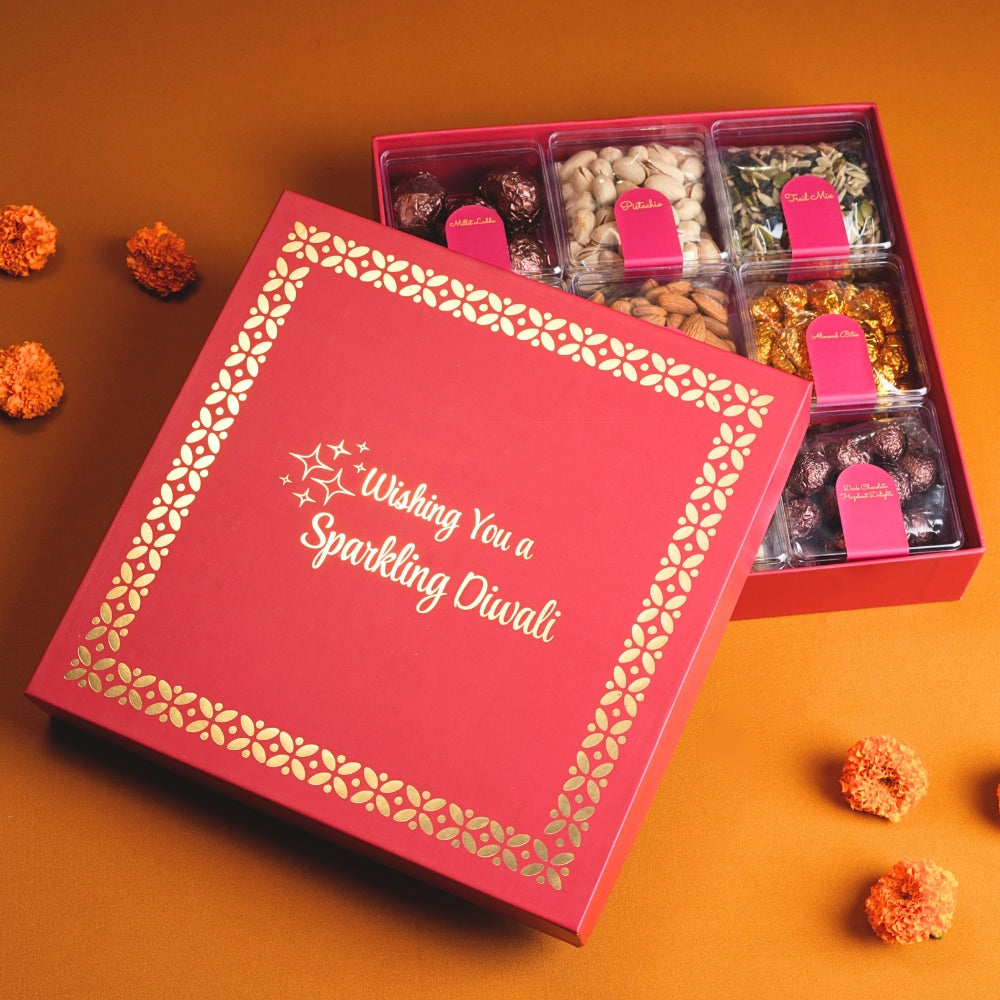 Sparkling Diwali Gift Box with Premium Nuts, Seeds, Chocolates, Cookies and Candles
