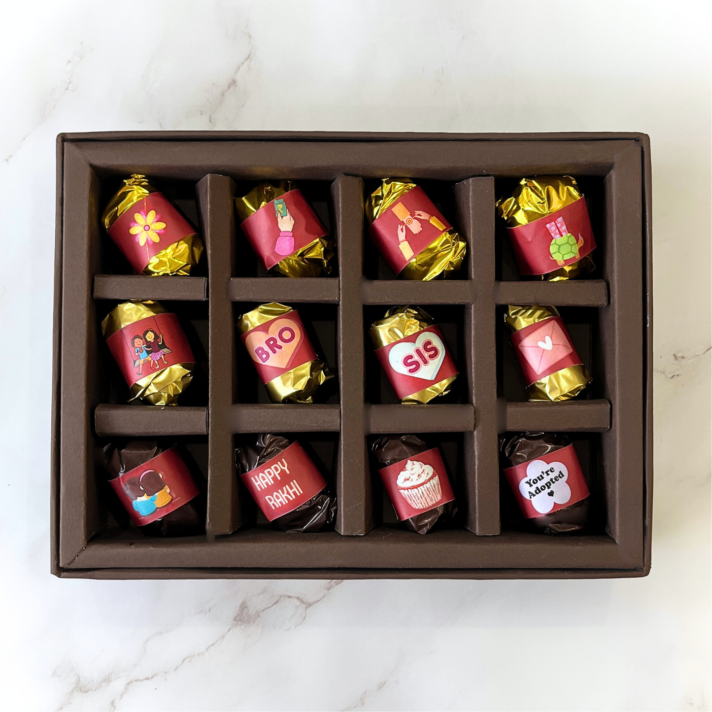 Rakhi Gift Box - 12 Pieces Assorted Chocolate Dates with Evil Eye Rakhi and Note - Raksha Bandhan Gift