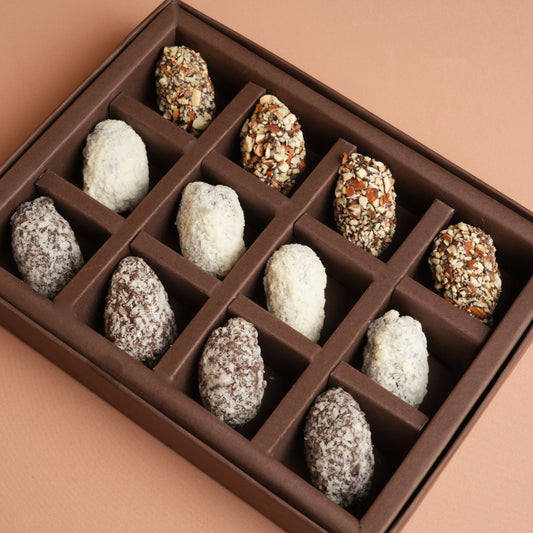 Diwali Gift Box - Almond and Chocolate Dates - 12 Pieces Premium Assorted Dates Chocolates - Dry Fruits Gift Box - Happy Diwali - Dark Chocolate Gift