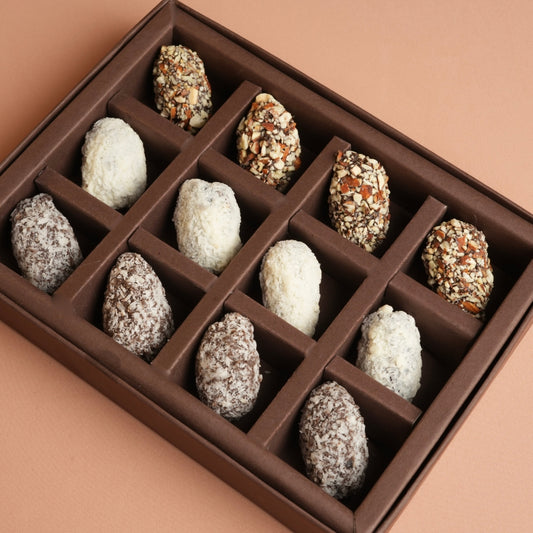Diwali Chocolate Gift Box - Almond and Chocolate Dates - 12 Pieces Premium Assorted Dates Chocolates - Dry Fruits Gift Box - Happy Diwali - Dark Chocolate Diwali Gift