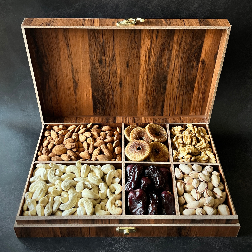 The NutJob Wooden Gift Box -Dried Fruits and Seeds - 650g - Almonds, Dates, Anjeer, Cashews, Pista, Walnut