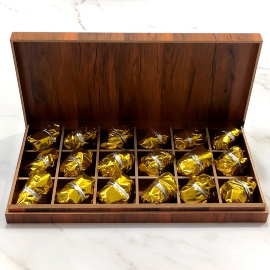 The NutJob Wooden Gift Box - Almond and Dark Chocolate Dates - 18 Pieces Premium Chocolates - Dry Fruits Gift Box - Gift Pack - Dark Chocolate Gift