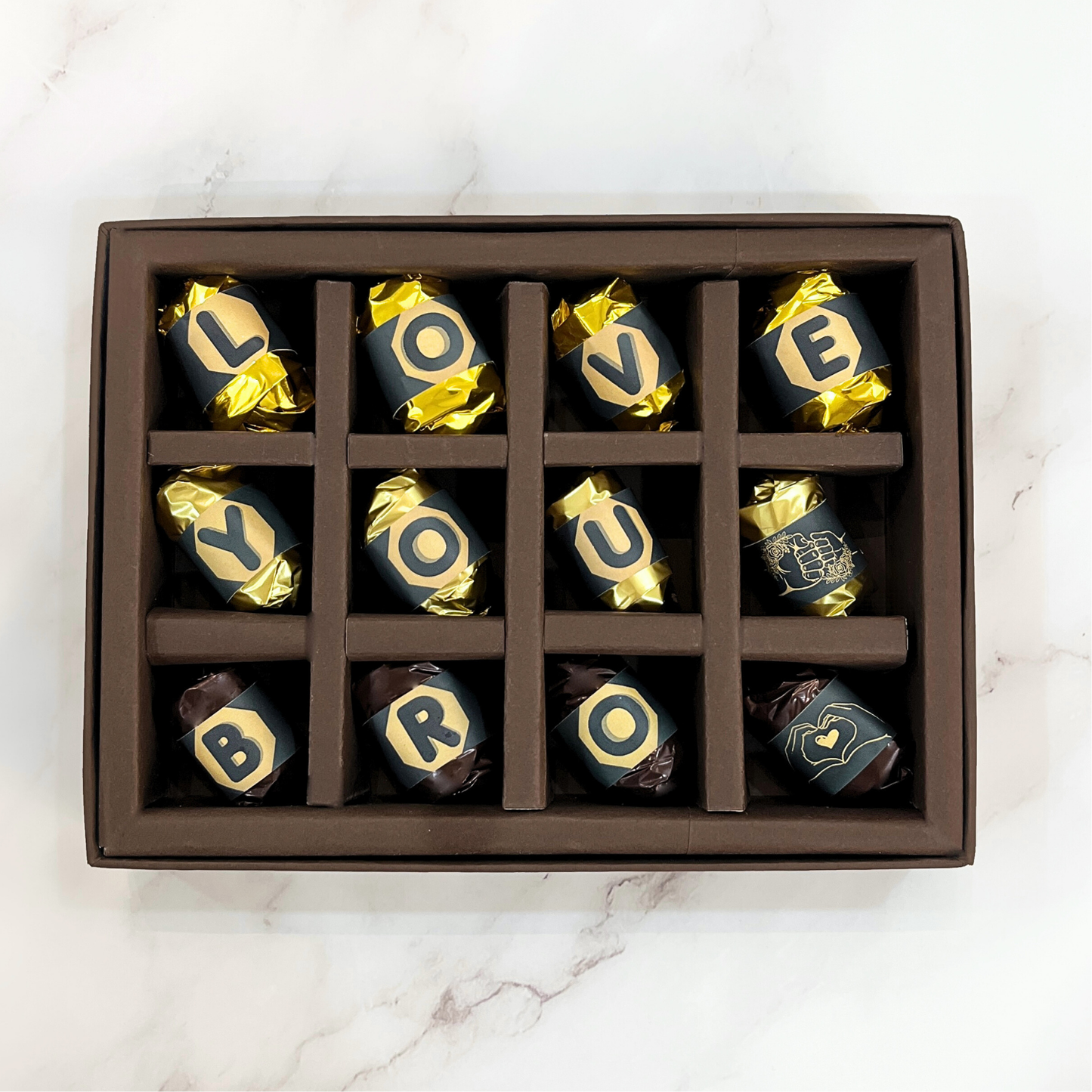 Love You Bro Rakhi Gift Box - 12 Pieces Assorted Chocolate Gift Box - Premium Almond and Dates Chocolates
