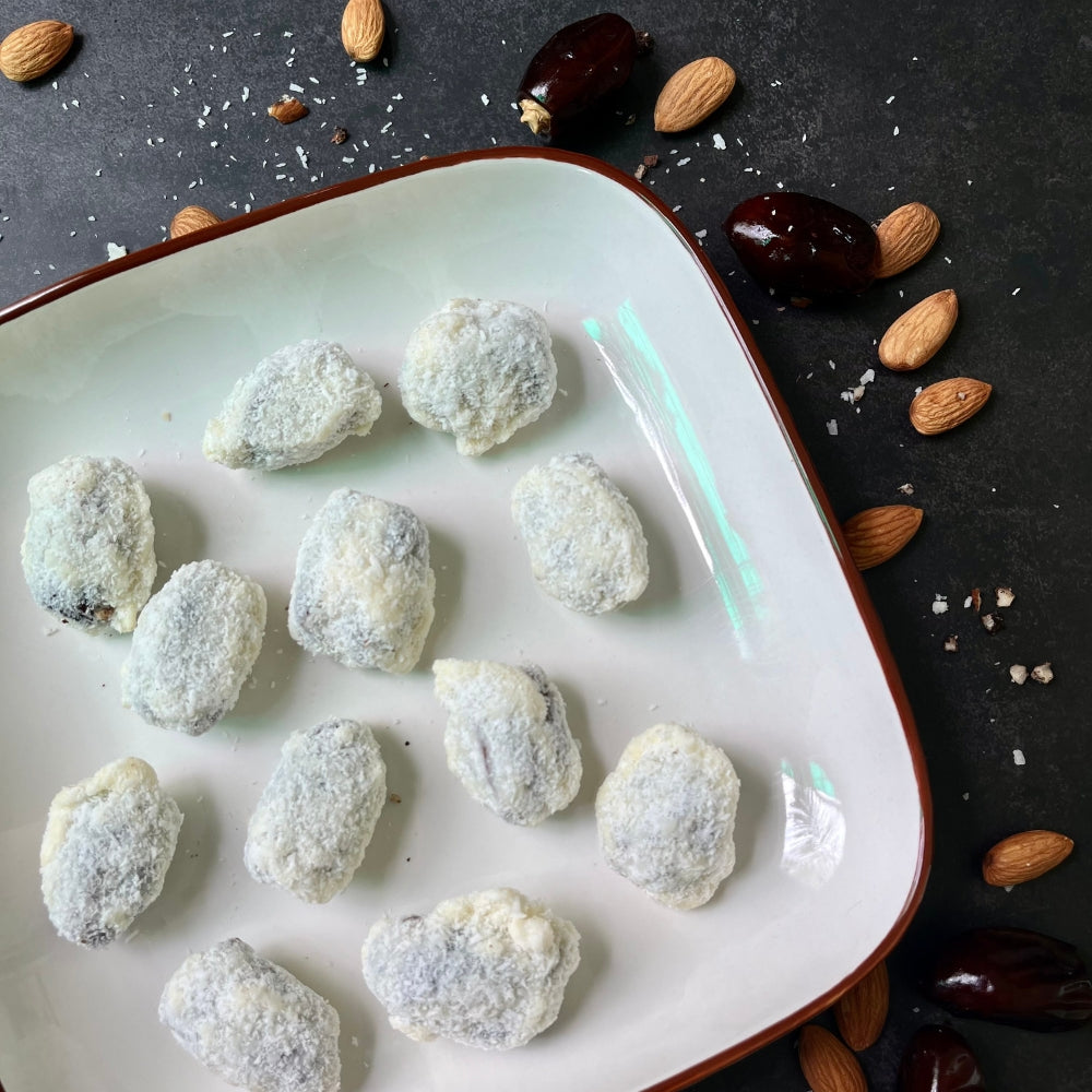 White Chocolate Dates with Almonds & Coconut Shreds - 12 Pieces