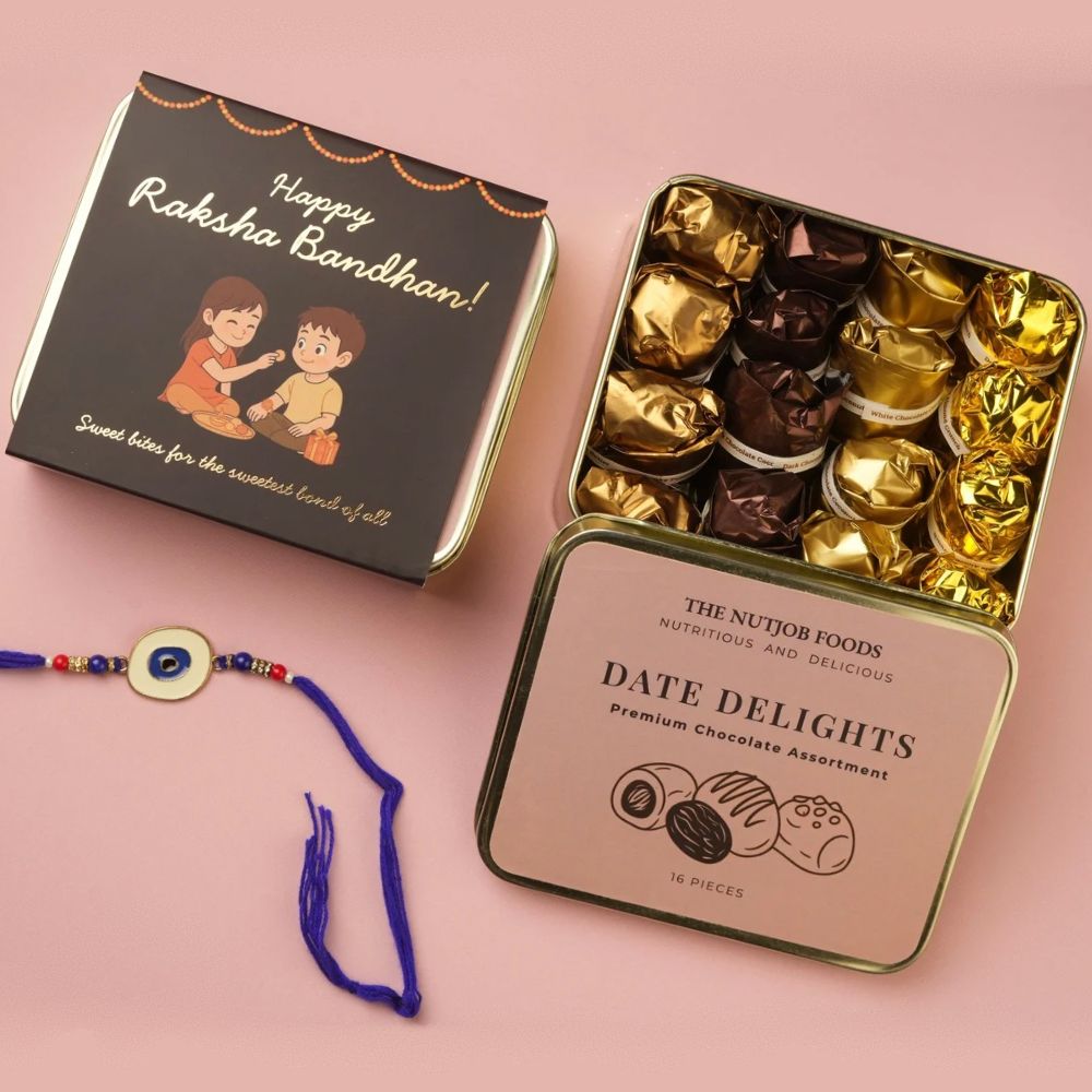 Rakshabandhan Special Date Delights Premium Chocolate Tin Gift Box, 16 Pieces Assorted Chocolates with Rakhi