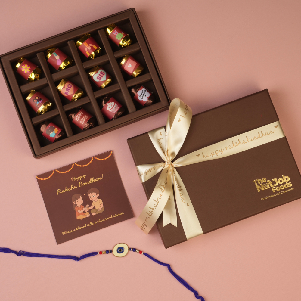 Rakhi Gift Box - 12 Pieces Assorted Chocolate Dates with Evil Eye Rakhi and Note - Raksha Bandhan Gift