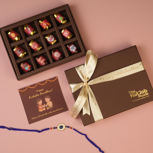Rakhi Gift Box - 12 Pieces Assorted Chocolate Dates with Evil Eye Rakhi and Note - Raksha Bandhan Gift