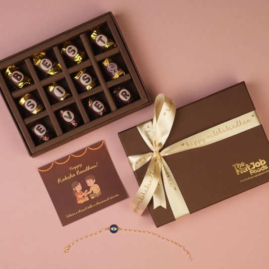 Best Sister Ever Rakhi Gift Box - 12 Pieces Assorted Chocolate Gift Box - Premium Almond and Dates Chocolates