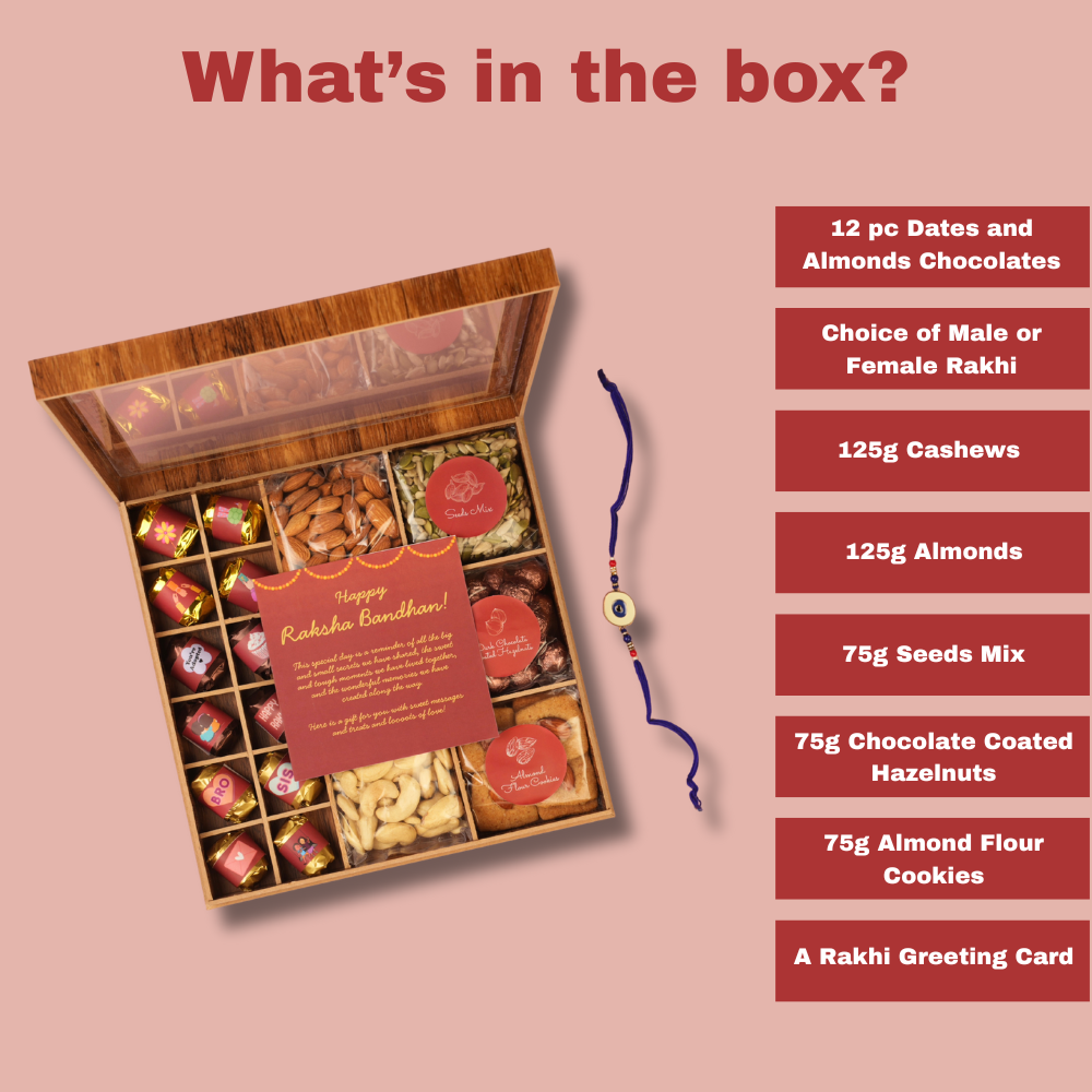 Raksha Bandhan Gift Box with Rakhi - Premium Dry Fruits, Cookies, Chocolates, Wooden Gift Box - 650g