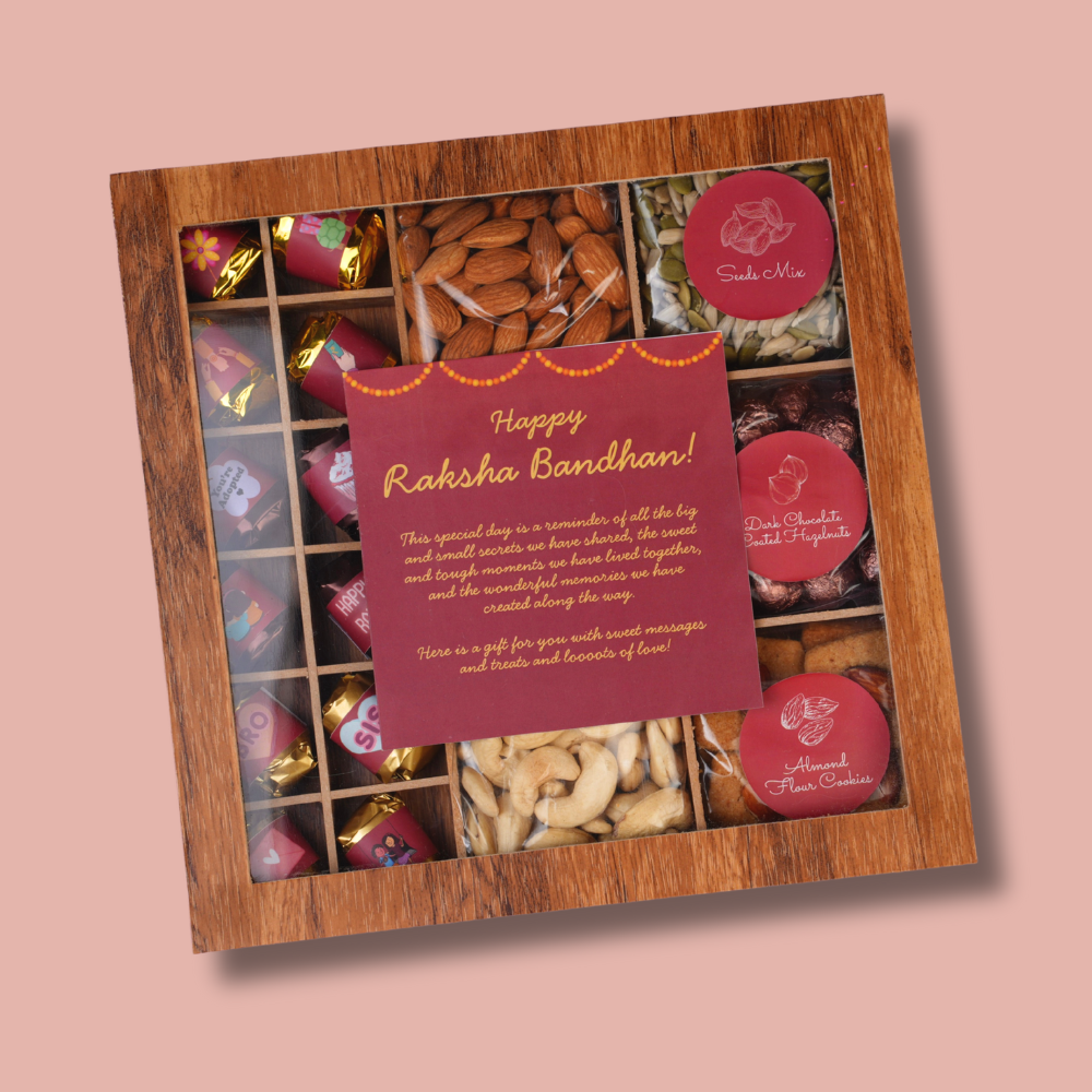 Raksha Bandhan Gift Box with Rakhi - Premium Dry Fruits, Cookies, Chocolates, Wooden Gift Box - 650g
