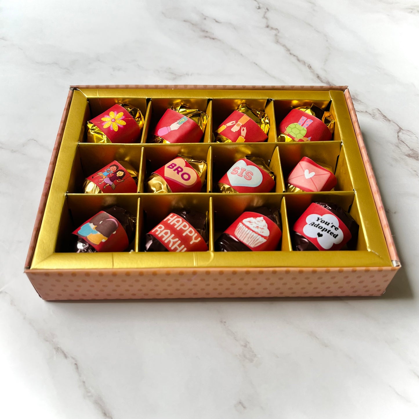 Rakhi Gift Box - Chocolate Dates with Rakhi - 4 Dark Chocolate & Almond Dates with Rakhi - 4 White Chocolate Almond & Coconut Dates - 4 Dark Chocolate Almond & Coconut Dates - Dry Fruits Gift Box - Rakhi Gift