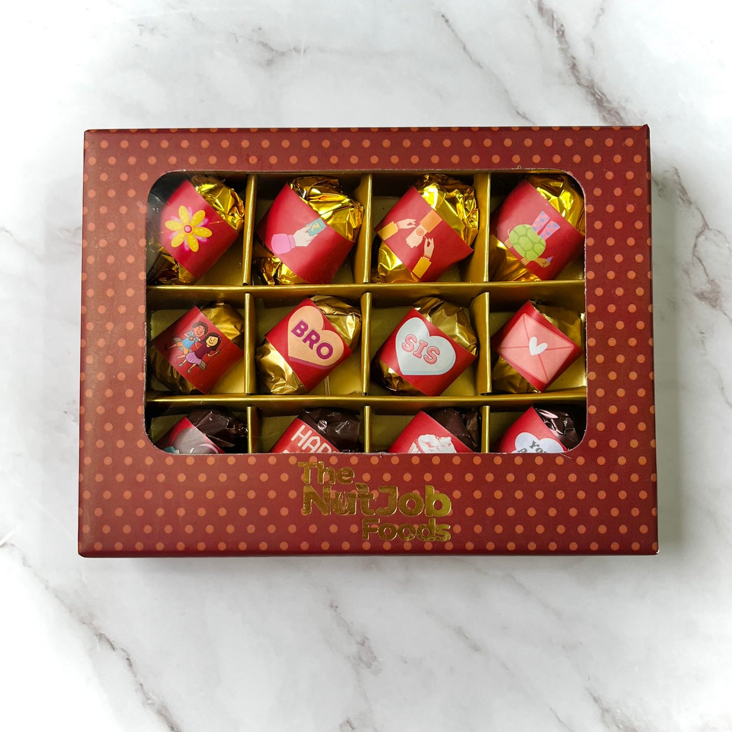 Rakhi Gift Box - Chocolate Dates with Rakhi - 4 Dark Chocolate & Almond Dates with Rakhi - 4 White Chocolate Almond & Coconut Dates - 4 Dark Chocolate Almond & Coconut Dates - Dry Fruits Gift Box - Rakhi Gift