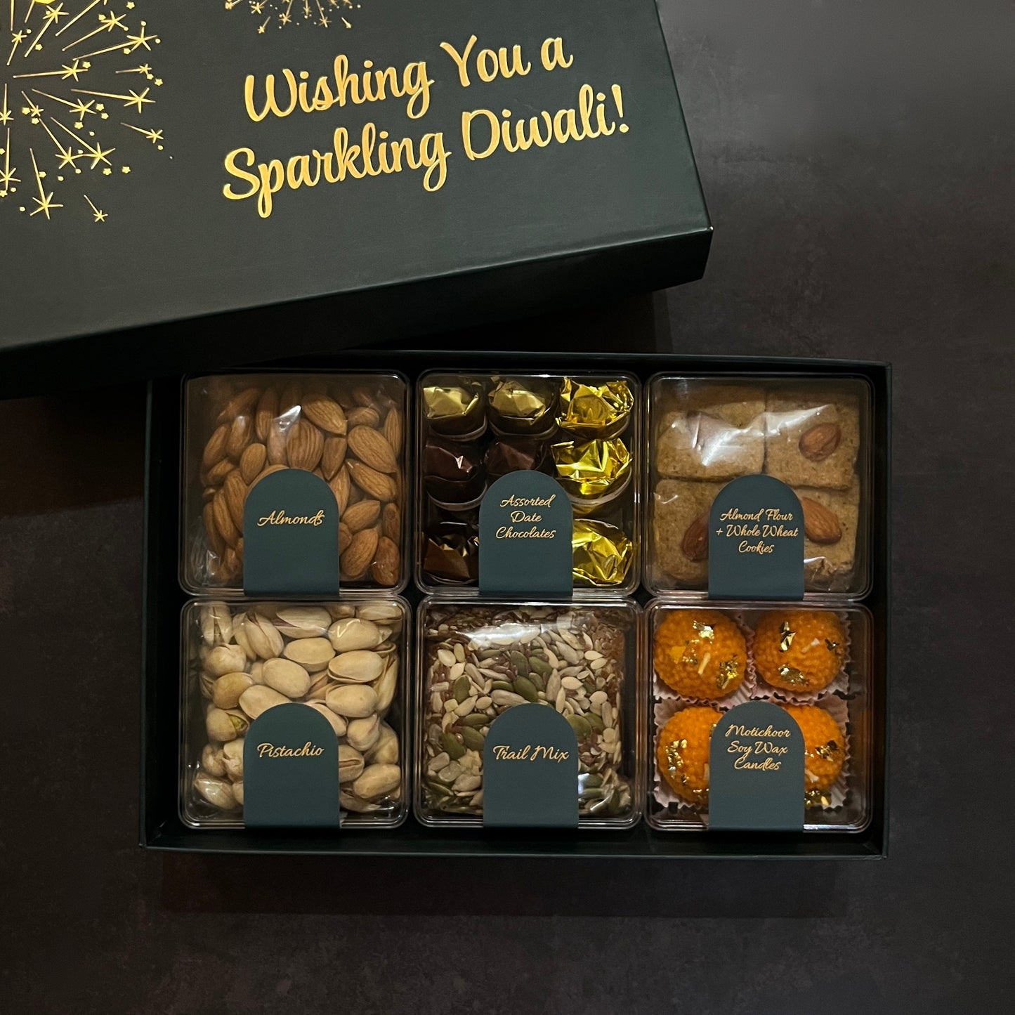 Luxury Diwali Gift Box with Almonds, Pistachios, Trail Mix, Dates Chocolate, Cookies, Motichoor Soy Candles, 600g