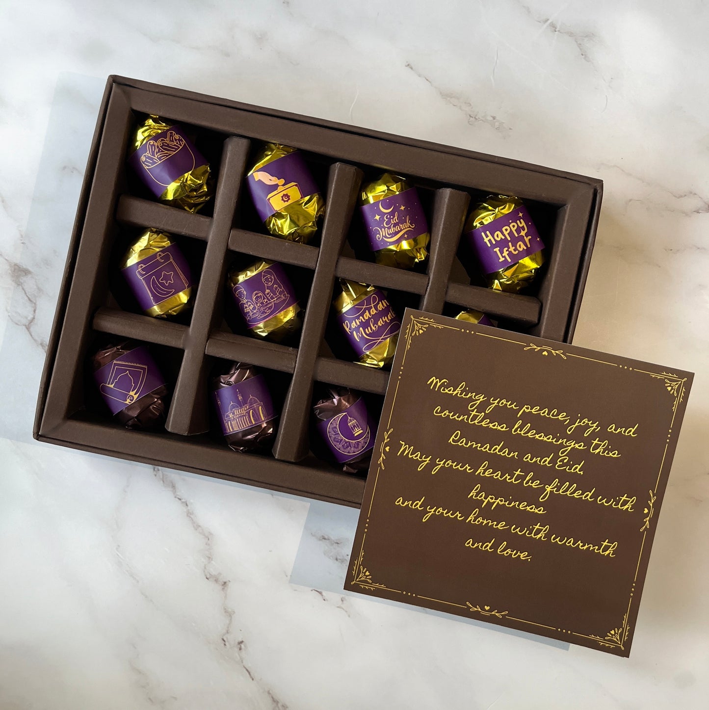 Ramadan/Eid Gift Box - Almond and Chocolate Dates - 12 Pieces Premium Assorted Dates Chocolates - Dry Fruits Gift Box - Ramadan - Eid Mubarak - Dark Chocolate Gift