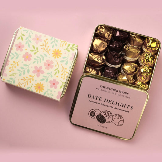 Date Delights Premium Chocolate Assortment Gift Box, 16 Pieces, Double Almond, Dark Coconut, White Coconut, Peanut Butter