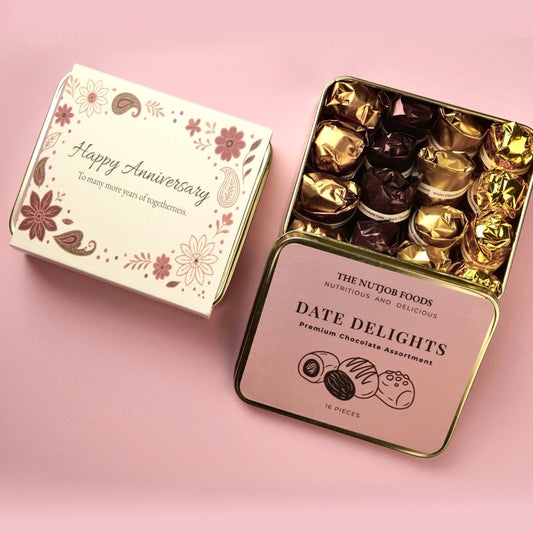 'Happy Anniversary' Date Delights Premium Chocolate Assortment Gift Box, 16 Pieces, Double Almond, Dark Coconut, White Coconut, Peanut Butter
