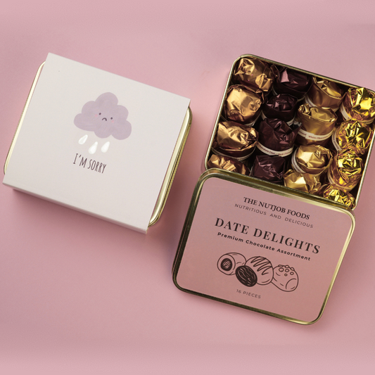 'I am sorry' Date Delights Premium Chocolate Assortment Gift Box, 16 Pieces, Double Almond, Dark Coconut, White Coconut, Peanut Butter