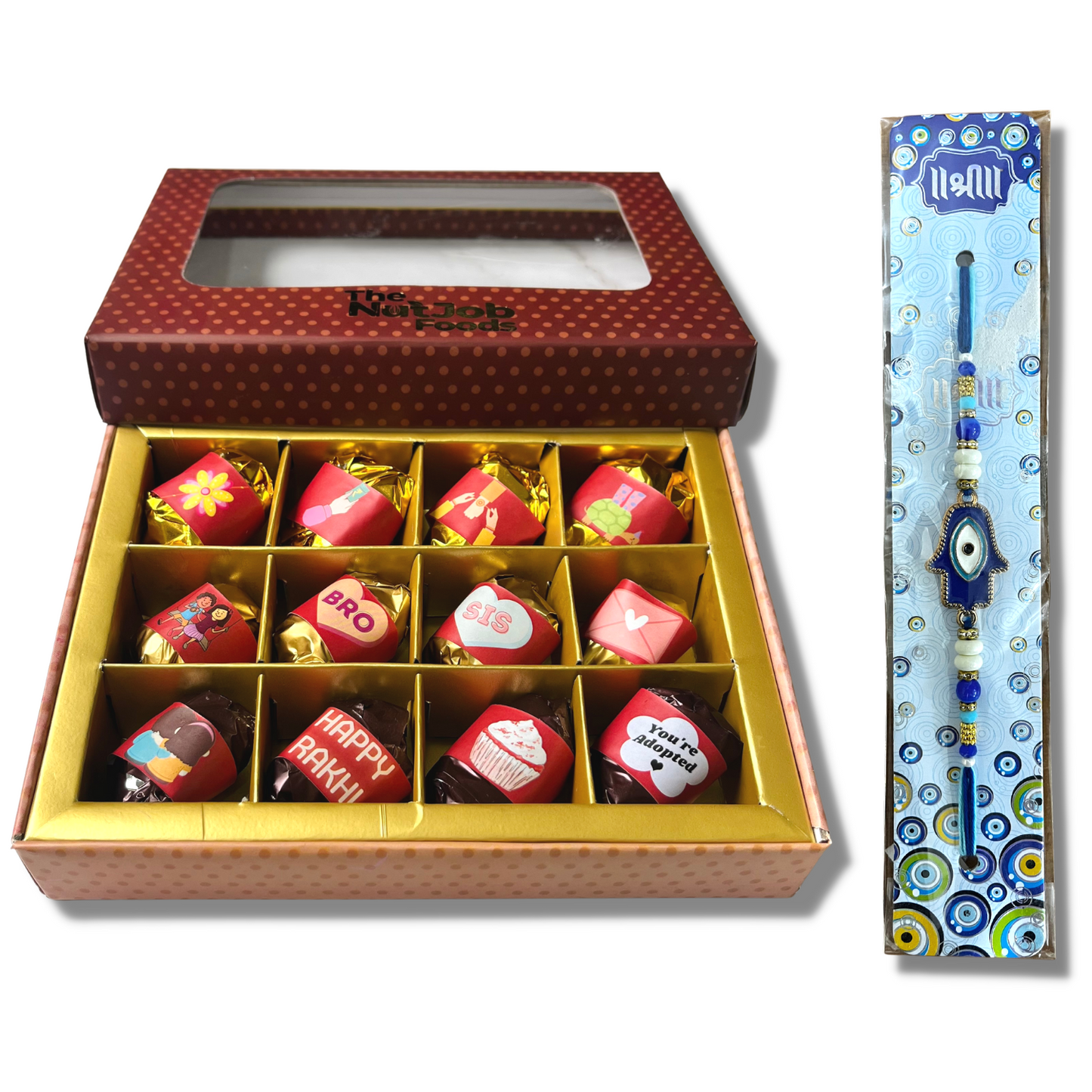 Rakhi Gift Box - Chocolate Dates with Rakhi - 4 Dark Chocolate & Almond Dates with Rakhi - 4 White Chocolate Almond & Coconut Dates - 4 Dark Chocolate Almond & Coconut Dates - Dry Fruits Gift Box - Rakhi Gift