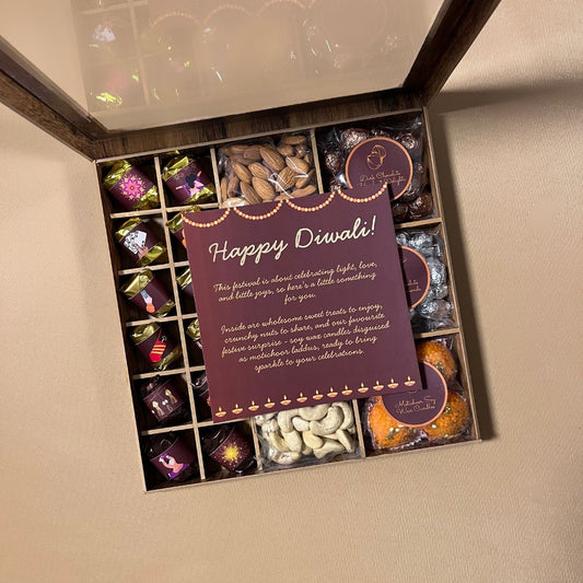 Diwali-Themed Wooden Gift Box with Nuts, Chocolates, Candles and Diwali Sleeve - 650g