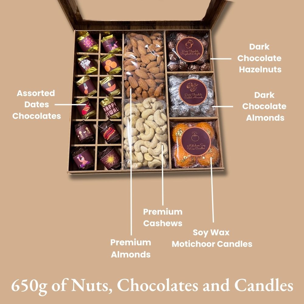 Diwali-Themed Wooden Gift Box with Nuts, Chocolates, Candles and Diwali Sleeve - 650g