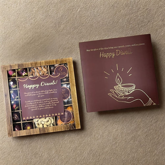 Diwali-Themed Wooden Gift Box with Nuts, Chocolates, Candles and Diwali Sleeve - 650g