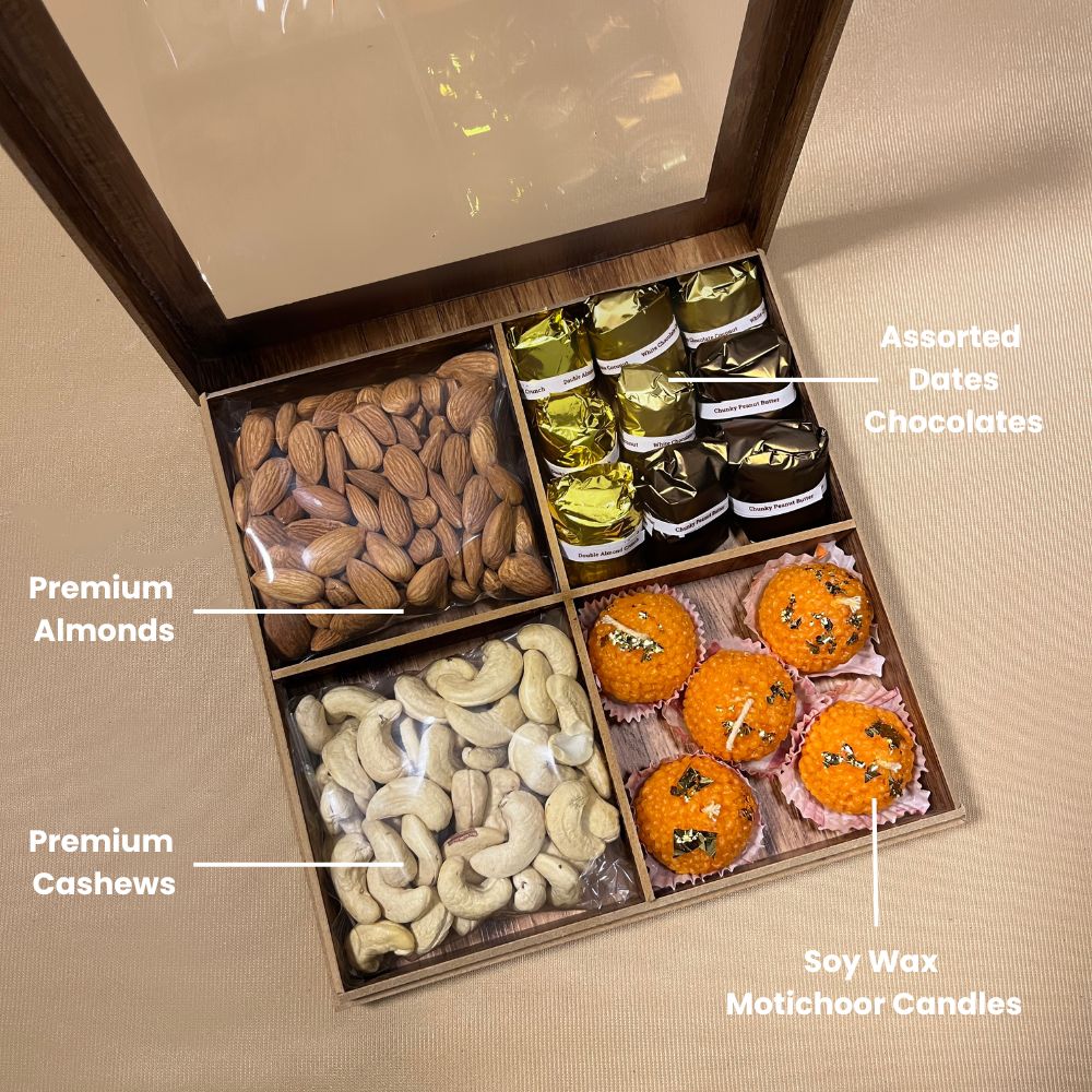 Premium Diwali Gift Box with Assorted Dates Chocolates, Almonds, Cashews, Soy Wax Motichoor Candles, Wooden Box, 500g