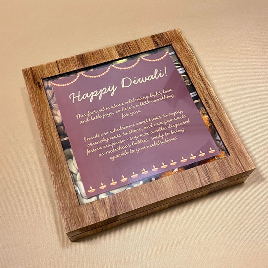 Premium Diwali Gift Box with Assorted Dates Chocolates, Almonds, Cashews, Soy Wax Motichoor Candles, Wooden Box, 500g