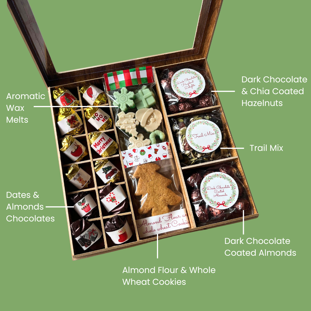 Ultimate Christmas Indulgence Wooden Gift Box - Premium Nuts Chocolates, Wax Melts, Almond Flour Christmas Tree Cookies, Trail Mix - 500g Christmas Gift Box