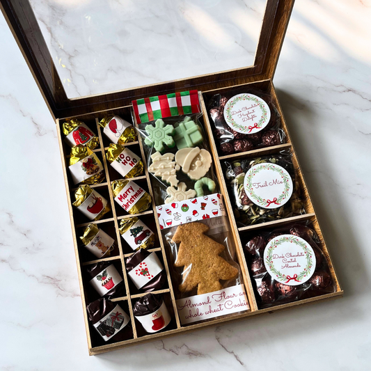 Ultimate Christmas Indulgence Wooden Gift Box - Premium Nuts Chocolates, Wax Melts, Almond Flour Christmas Tree Cookies, Trail Mix - 500g Christmas Gift Box