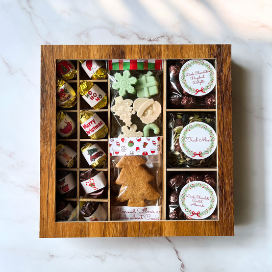 Ultimate Christmas Indulgence Wooden Gift Box - Premium Nuts Chocolates, Wax Melts, Almond Flour Christmas Tree Cookies, Trail Mix - 500g Christmas Gift Box
