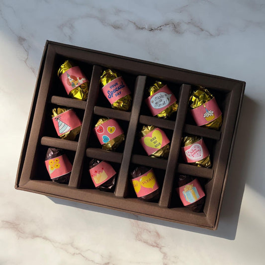 Birthday Chocolate Gift Box with Sweet Messages - Almond and Chocolate Dates - 12 Pieces