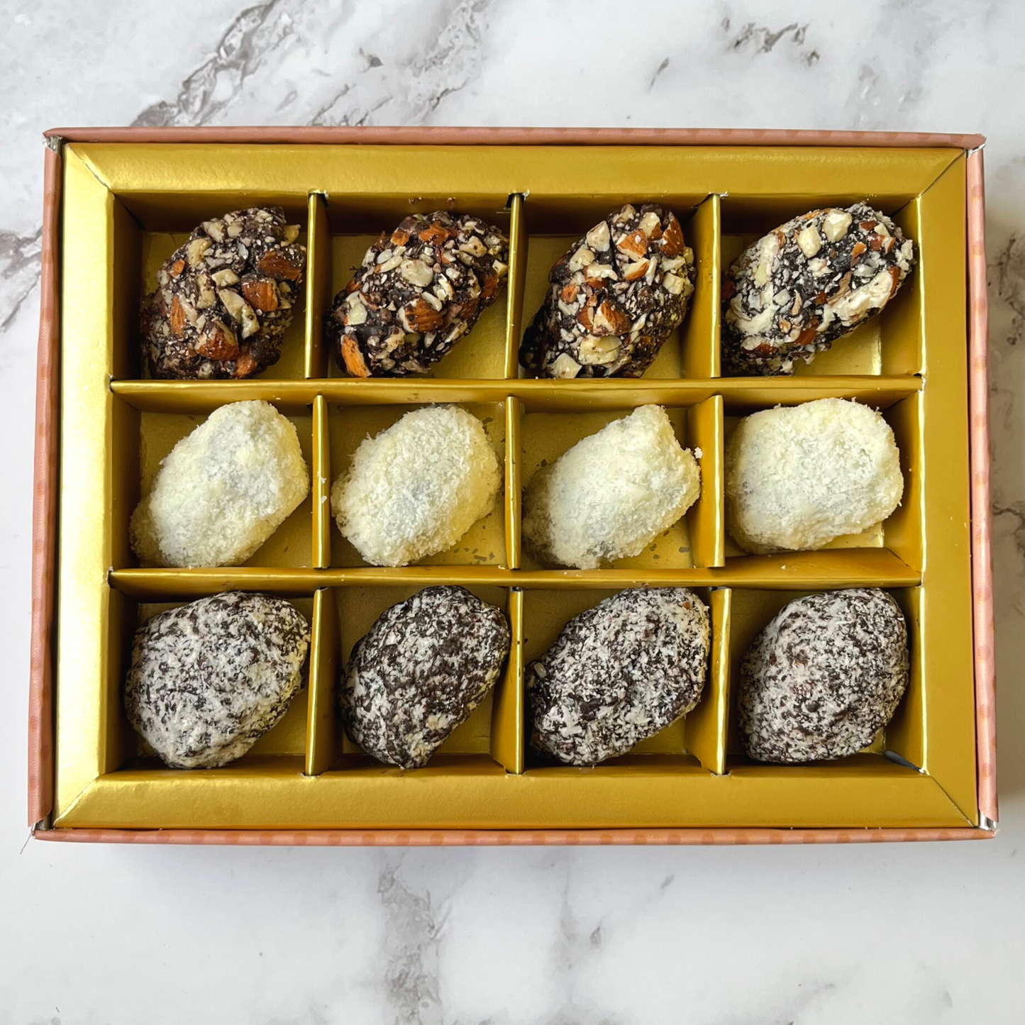 Rakhi Gift Box - Chocolate Dates with Rakhi - 4 Dark Chocolate & Almond Dates with Rakhi - 4 White Chocolate Almond & Coconut Dates - 4 Dark Chocolate Almond & Coconut Dates - Dry Fruits Gift Box - Rakhi Gift