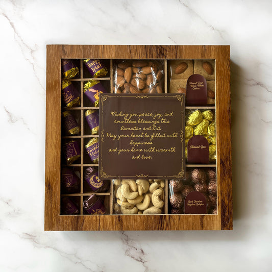Eid Wooden Box with Nuts, Premium Dates Chocolates and Greeting Card - 650g - Eid Special