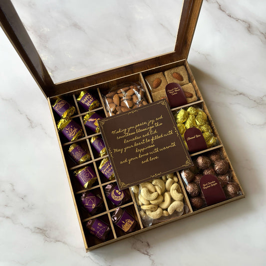 Eid Wooden Box with Nuts, Premium Dates Chocolates and Greeting Card - 650g - Eid Special