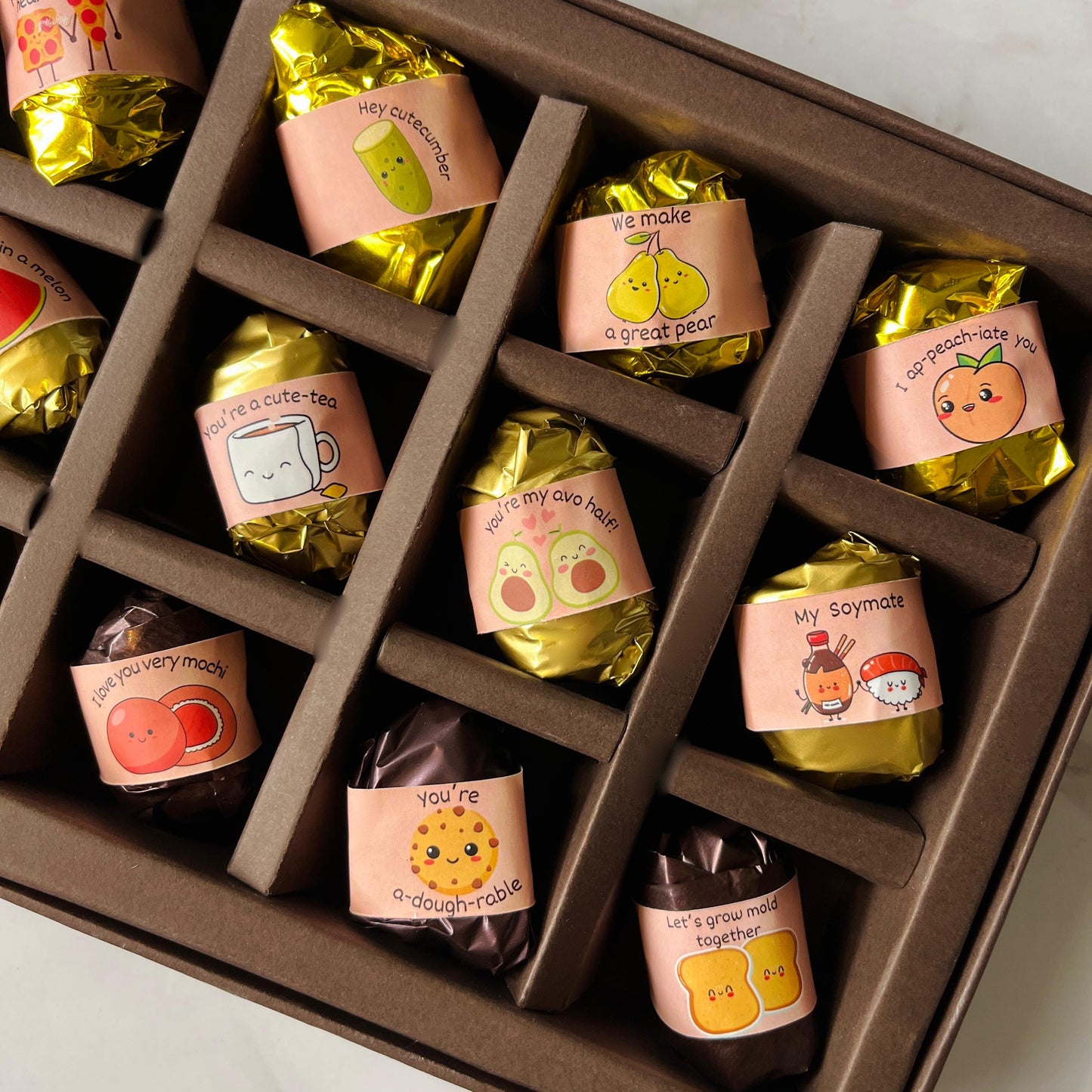 Appreciation Gift Box - 12 Pieces - Dates and Almonds Chocolates Wrapped in Pun-derful Messages