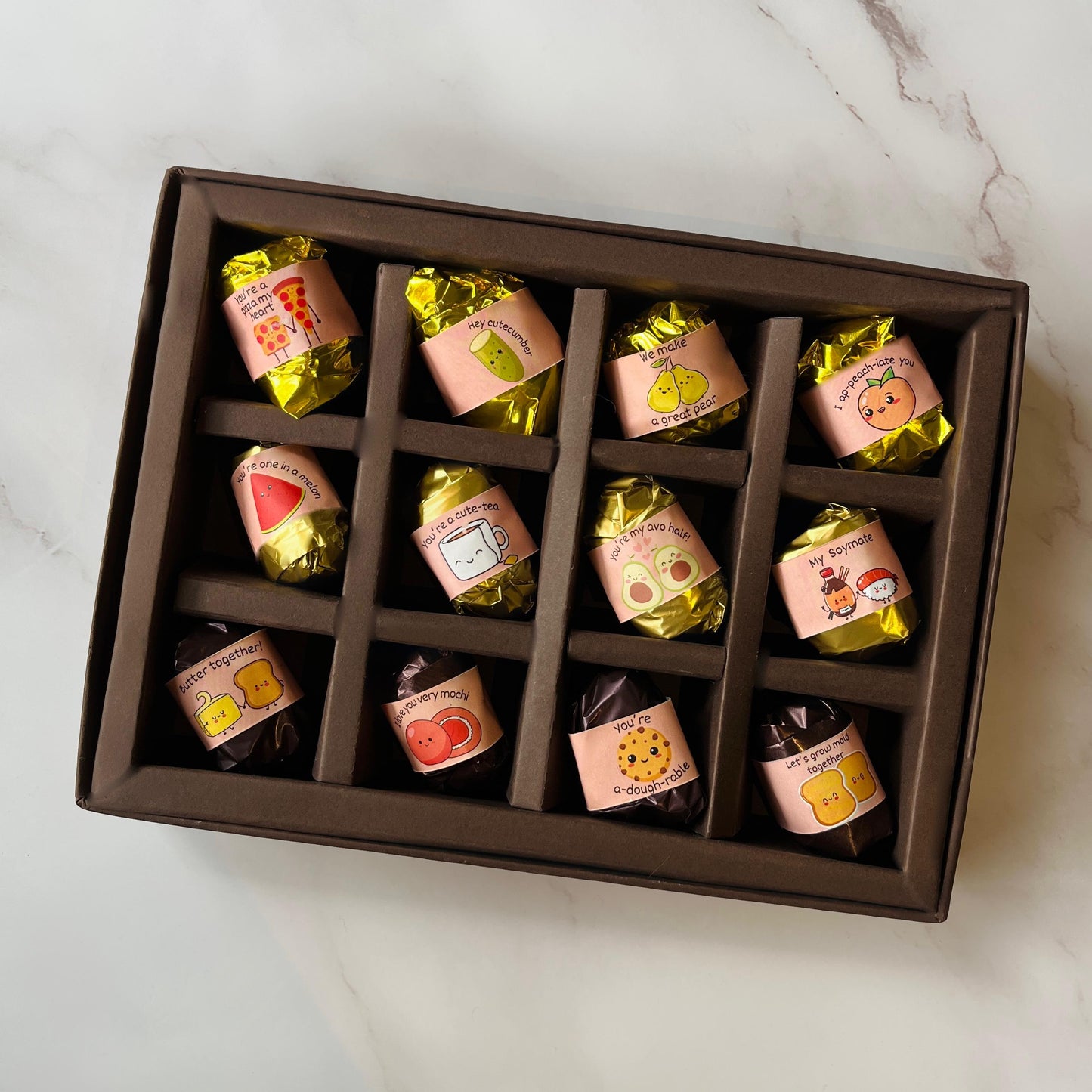 Appreciation Gift Box - 12 Pieces - Dates and Almonds Chocolates Wrapped in Pun-derful Messages