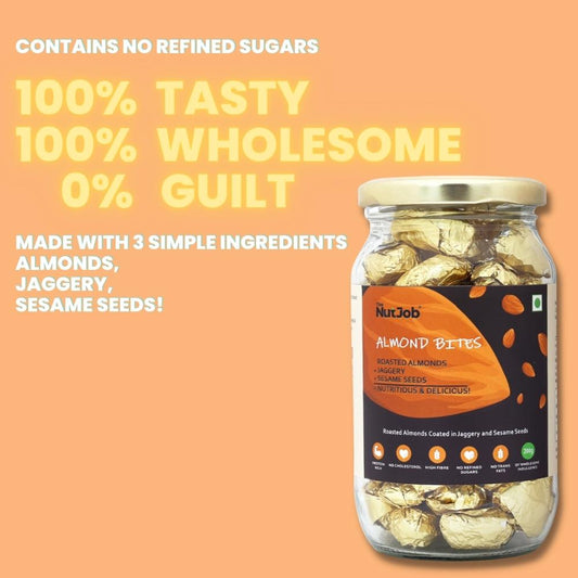 Almond Bites - Premium Handcrafted Snack - 200g - Roasted Almonds Coated in Jaggery & Roasted Sesame Seeds - 200 Grams