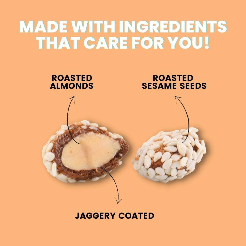 Almond Bites - Premium Handcrafted Snack - 200g - Roasted Almonds Coated in Jaggery & Roasted Sesame Seeds - 200 Grams
