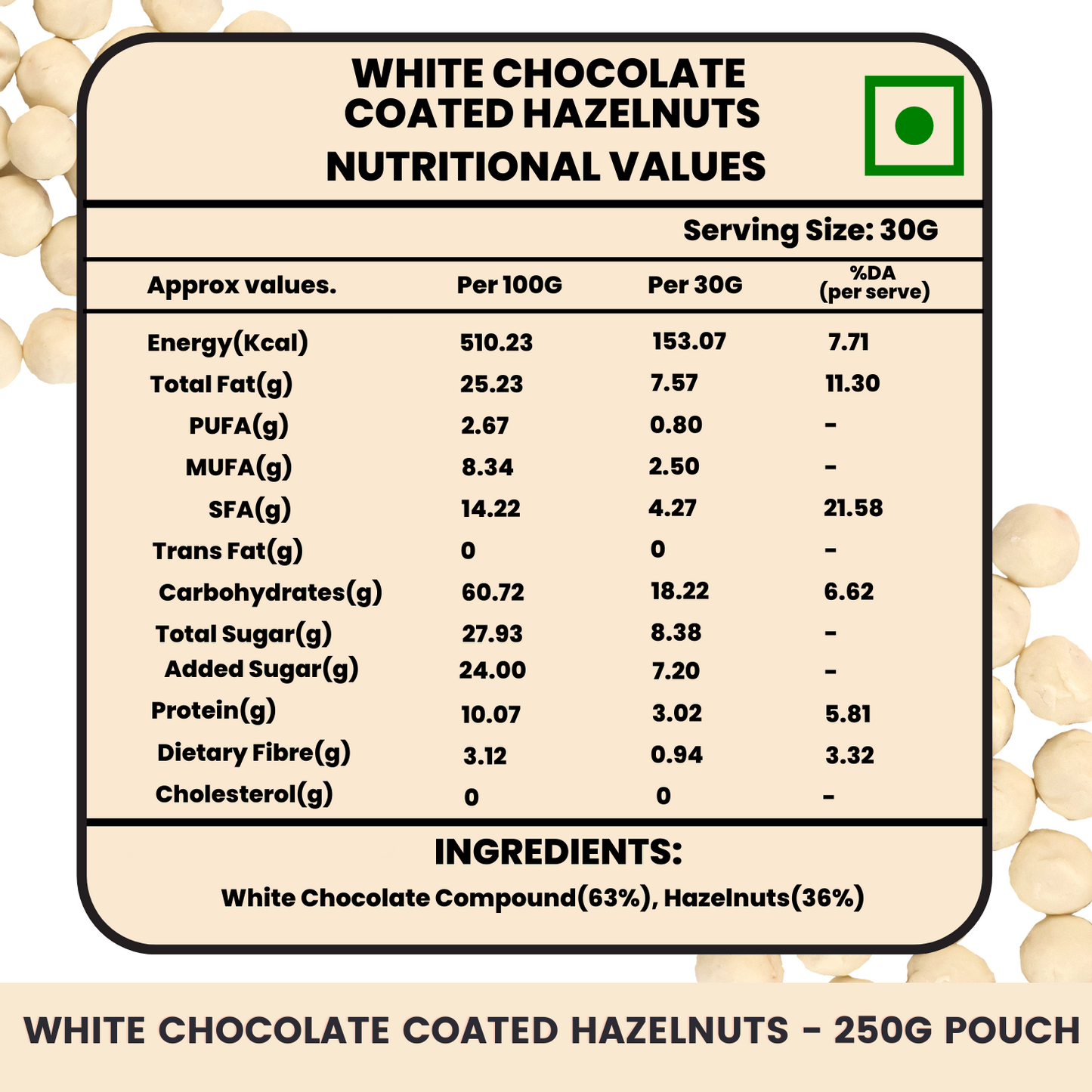 White Chocolate Coated Hazelnuts - 250g Pouch - Chocolate Coated Nuts, Hazelnut Snack, Hazelnut Chocolate, White Chocolate, Gift