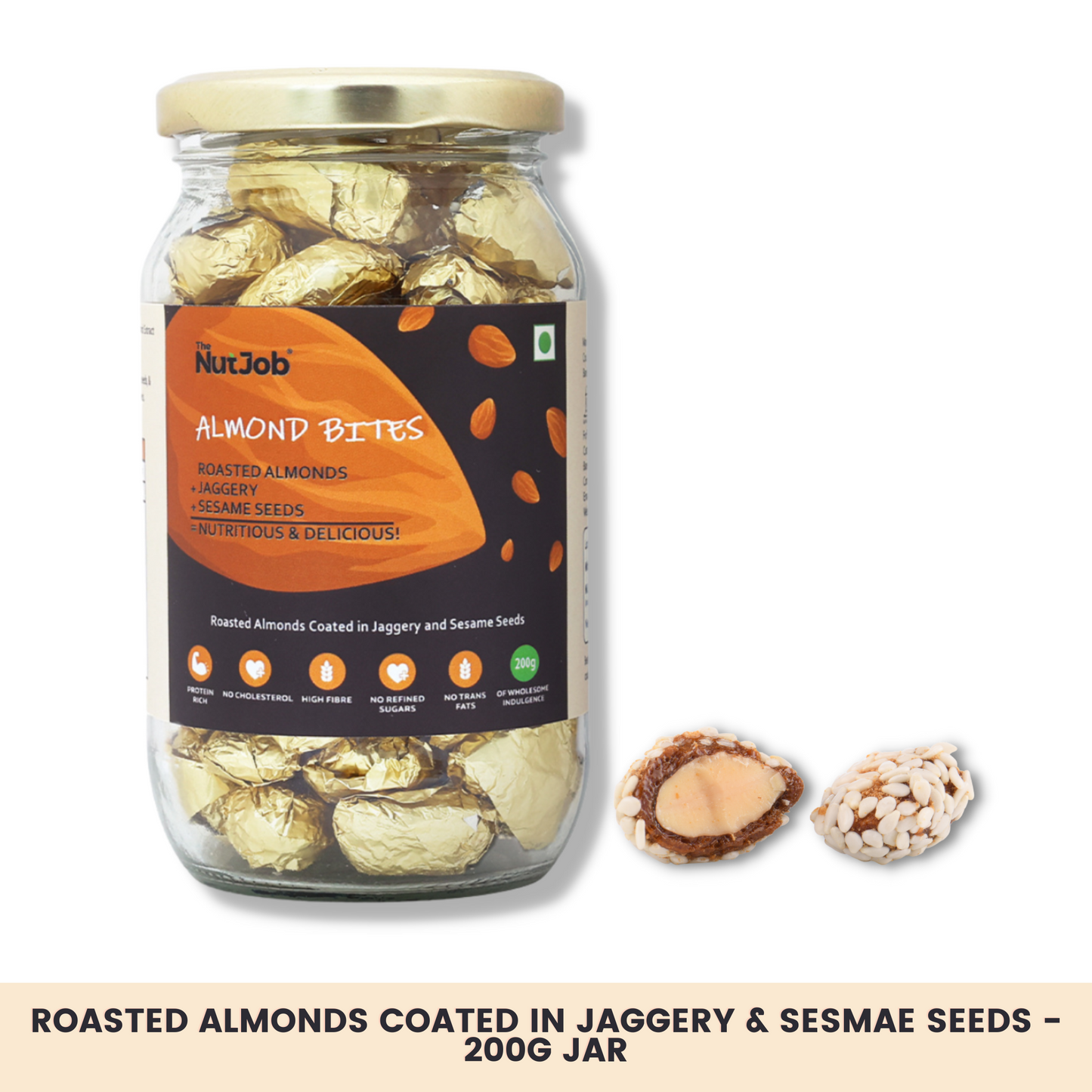 Almond Bites - Premium Handcrafted Snack - 200g - Roasted Almonds Coated in Jaggery & Roasted Sesame Seeds - 200 Grams