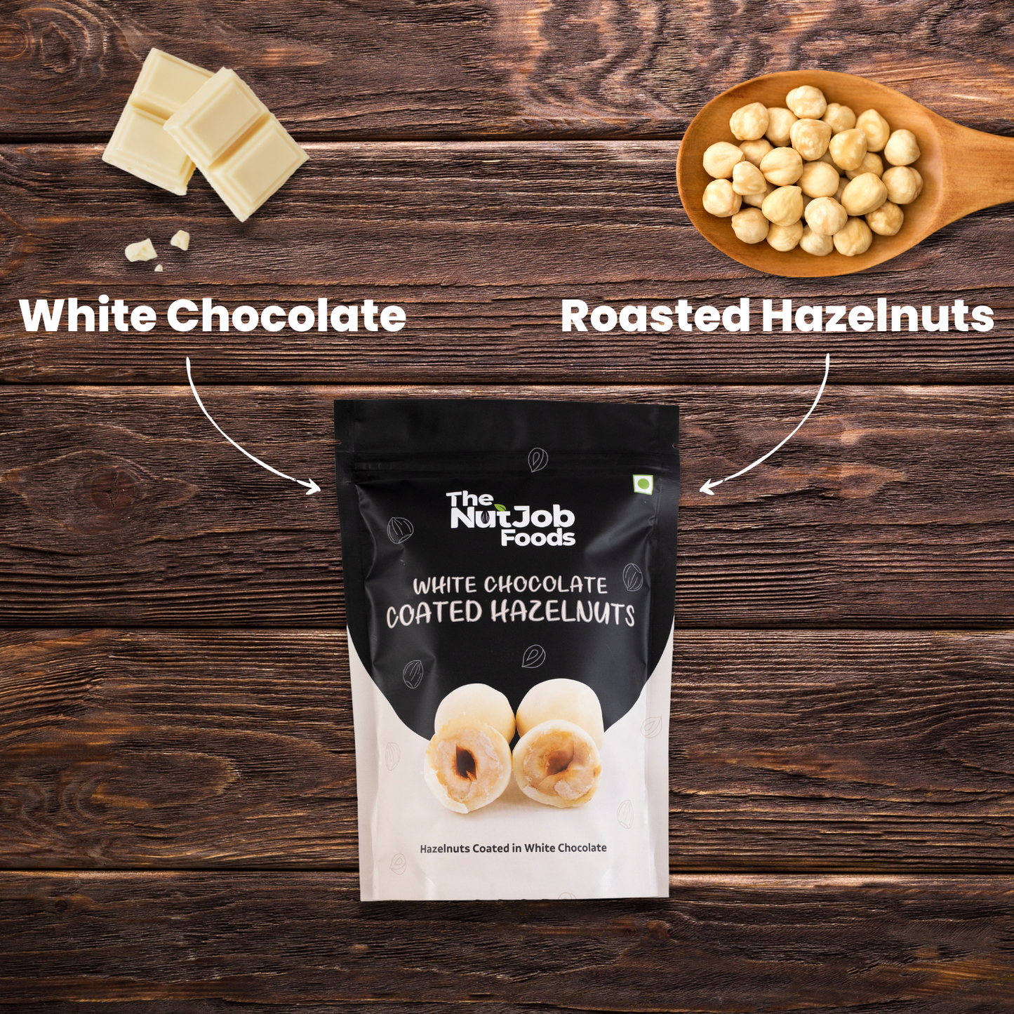 White Chocolate Coated Hazelnuts - 250g Pouch - Chocolate Coated Nuts, Hazelnut Snack, Hazelnut Chocolate, White Chocolate, Gift