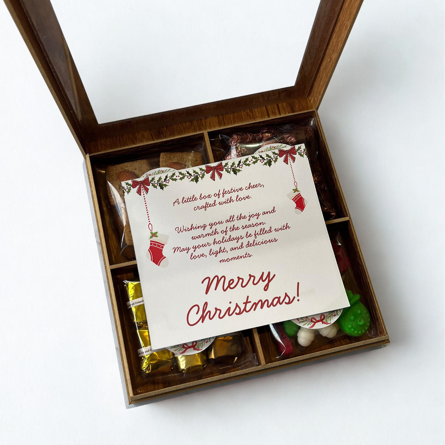 Christmas Gift Box with Chocolate Coated Hazelnuts, Almond Cookies, Date Chocolates, Scented Wax Melts