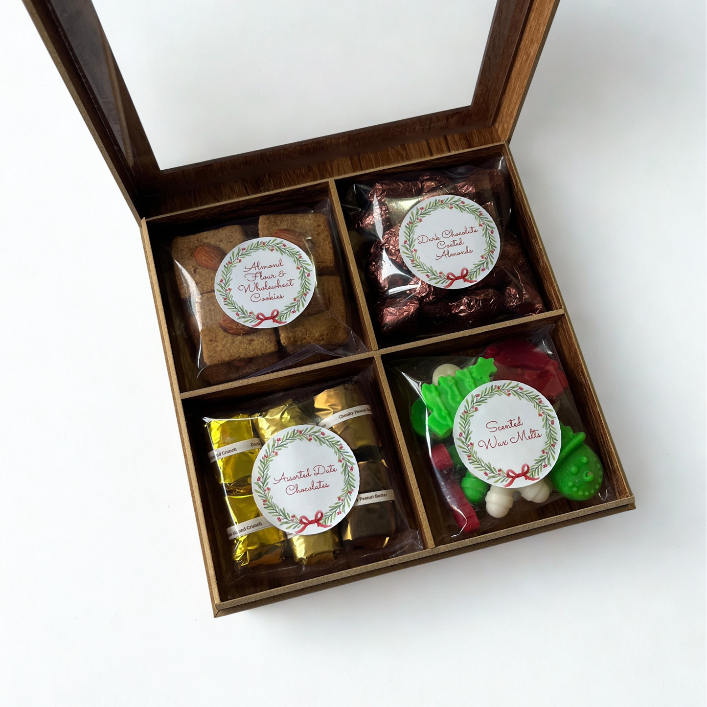 Christmas Gift Box with Chocolate Coated Hazelnuts, Almond Cookies, Date Chocolates, Scented Wax Melts