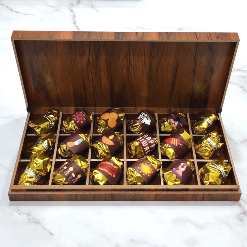 The NutJob Diwali Wooden Gift Box - Almond and Dark Chocolate Dates - 18 Pieces Premium Chocolates - Dry Fruits Gift Box - Diwali Gift - Dark Chocolate Gift