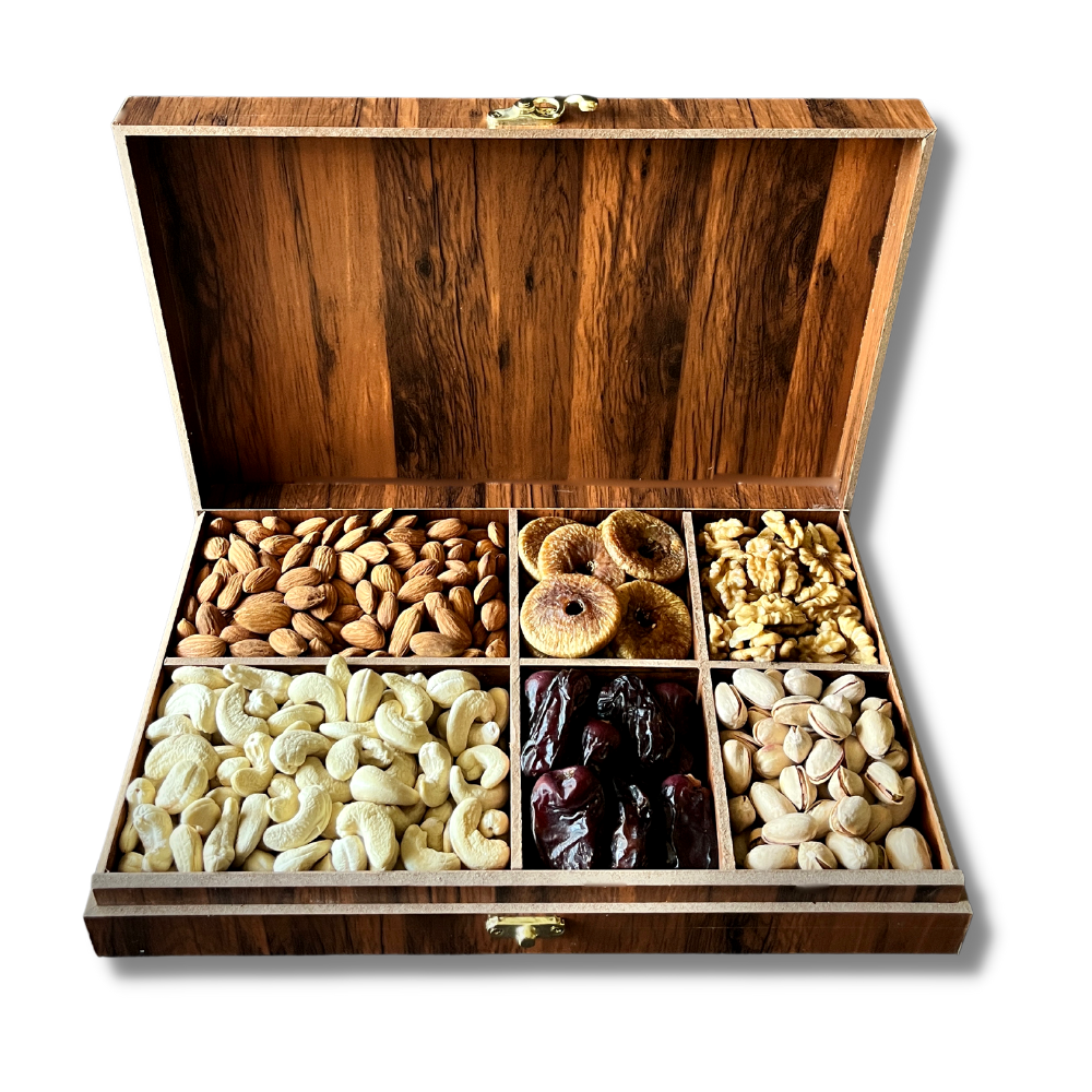 The NutJob Wooden Gift Box -Dried Fruits and Seeds - 650g - Almonds, Dates, Anjeer, Cashews, Pista, Walnut - Diwali Gift - Premium - Luxury