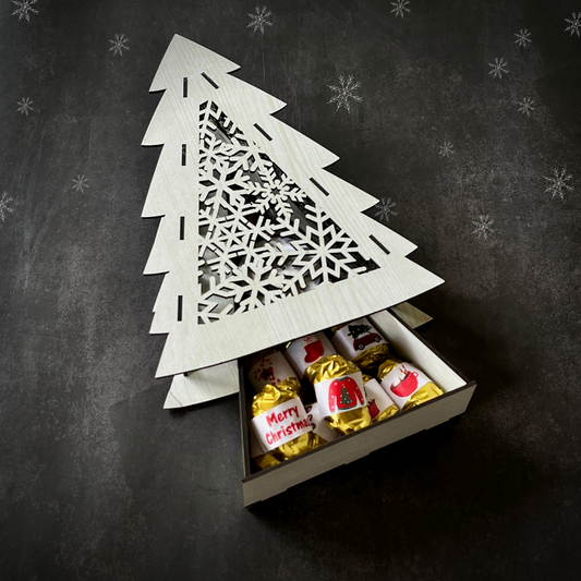 Christmas Tree Gift Box - 12 Pieces Almond and Chocolate Dates - 50g Dark Chocolate Coated Almonds - 50g Dark Chocolate Coated Hazelnuts