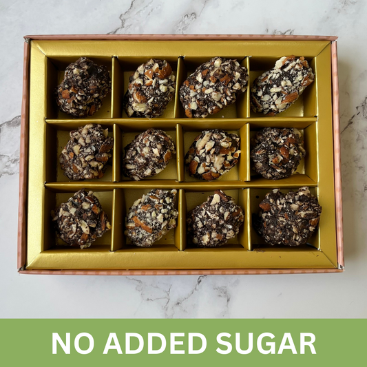 No Added Sugar Dark Chocolate & Almond Dates - Almond Coating & Stuffing - 12 Pieces - No Added Sugar - Dark Chocolate - Nut Chocolate - Premium Gift Box
