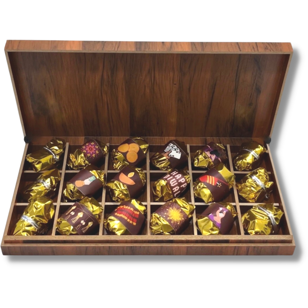 The NutJob Diwali Wooden Gift Box - Almond and Dark Chocolate Dates - 18 Pieces Premium Chocolates - Dry Fruits Gift Box - Diwali Gift - Dark Chocolate Gift