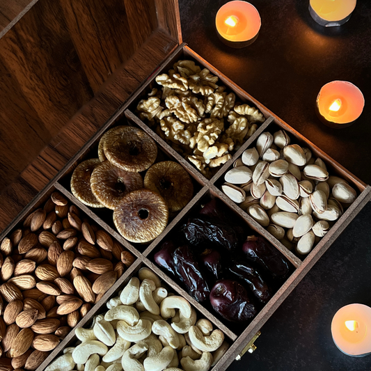 The NutJob Wooden Gift Box -Dried Fruits and Seeds - 650g - Almonds, Dates, Anjeer, Cashews, Pista, Walnut